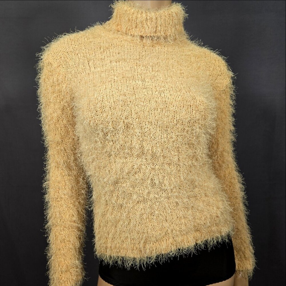 Vintage 90s Fluffy Shaggy Grunge Sweater Womens Size M Yellow Beige Turtleneck